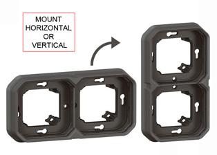 PANEL MOUNT OR WALL BOX MOUNT TWO GANG MODULAR DEVICE FRAME, HORIZONTAL OR VERTICAL MOUNT DESIGN, IP55 RATED. ANTHRACITE.

<br><font color="yellow">Notes: </font> 

<br><font color="yellow">*</font> Mounting frame accepts 22.5mmX45mm & 45mmX45mm modular size devices. <a href="https://www.internationalconfig.com/modular_electrical_devices.asp" style="text-decoration: none">[ Modular Devices ]</a>

<br><font color="yellow">*</font> Mounts on 60mm (60.3mm) centers. View # 77190-D wall box.

<BR><font color="yellow">*</font> View IP20 Rated Cover / Mounting Frame. <a href="https://internationalconfig.com/icc6.asp?item=69582LX45" style="text-decoration: none"> [ IP20 Device Cover ]</a> 
<br><font color="yellow">*</font> For IP20 applications: Use two # 69582LX45 inserts with # 69607LX45.
  
<BR><font color="yellow">*</font> View IP55 Rated Weatherproof Cover / Mounting Frame. <a href="https://internationalconfig.com/icc6.asp?item=69880LX45" style="text-decoration: none"> [ IP55 Device Cover ]</a>

<br><font color="yellow">*</font> For IP55 Weatherproof applications: Use two # 69580LX45 lift lid weatherproof cover inserts with # 69607LX45.


<br><font color="yellow">*</font> Operating temp. range = -10C to +40C. Storage temp. range = -25C to +60C. UV Protected, Halogen free.

 <BR><font color="yellow">*</font> View European, British, International Outlets / Switches. <a href="https://www.internationalconfig.com/modular_electrical_devices.asp" style="text-decoration: none">[ Entire Modular Device Series ]</a>