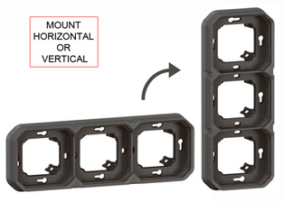 PANEL MOUNT OR WALL BOX MOUNT THREE GANG MODULAR DEVICE FRAME, HORIZONTAL OR VERTICAL MOUNT DESIGN, IP55 RATED. ANTHRACITE.

<br><font color="yellow">Notes: </font> 

<br><font color="yellow">*</font> Mounting frame accepts 22.5mmX45mm & 45mmX45mm modular size devices. <a href="https://www.internationalconfig.com/modular_electrical_devices.asp" style="text-decoration: none">[ Modular Devices ]</a>

<br><font color="yellow">*</font> Mounts on 60mm (60.3mm) centers. View # 77190-D3 wall box.

<BR><font color="yellow">*</font> View IP20 Rated Cover / Mounting Frame. <a href="https://internationalconfig.com/icc6.asp?item=69582LX45" style="text-decoration: none"> [ IP20 Device Cover ]</a> 

<br><font color="yellow">*</font> For IP20 applications: Use three # 69582LX45 inserts with # 69608LX45.


<BR><font color="yellow">*</font> View IP55 Rated Weatherproof Cover / Mounting Frame. <a href="https://internationalconfig.com/icc6.asp?item=69880LX45" style="text-decoration: none"> [ IP55 Device Cover ]</a>

<br><font color="yellow">*</font> For IP55 Weatherproof applications: Use three # 69880LX45 lift lid weatherproof cover inserts with # 69608LX45.



<br><font color="yellow">*</font> Operating temp. range = -10C to +40C. Storage temp. range = -25C to +60C. UV Protected, Halogen free.
 <BR><font color="yellow">*</font> View European, British, International Outlets / Switches. <a href="https://www.internationalconfig.com/modular_electrical_devices.asp" style="text-decoration: none">[ Entire Modular Device Series ]</a>