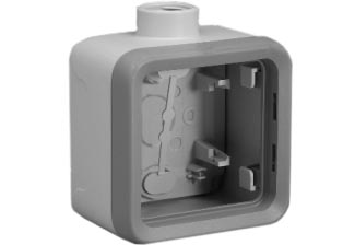 WEATHERPROOF IP55 RATED ONE GANG SURFACE MOUNT WALL BOX, M20 CABLE / CONDUIT ENTRY HUB <font color="yellow">(*)</font>, WALL BOX MOUNTING ORIENTATION OPTIONS = HUB ON TOP OR BOTTOM. GRAY.

<BR><font color="yellow">Notes:</font>
<br><font color="yellow">*</font> Accepts 22.5mmX45mm & 45mmX45mm modular size devices.

<BR><font color="yellow">*</font> View European, British, International Outlets / Switches. <a href="https://www.internationalconfig.com/modular_electrical_devices.asp" style="text-decoration: none">[ Entire Modular Device Series ]</a>

<BR><font color="yellow">*</font> View IP20 Rated Cover / Mounting Frame. <a href="https://internationalconfig.com/icc6.asp?item=69582X45" style="text-decoration: none"> [ IP20 Device Cover ]</a> 
  
<BR><font color="yellow">*</font> View IP55 Rated Weatherproof Cover / Mounting Frame. <a href="https://internationalconfig.com/icc6.asp?item=69580X45" style="text-decoration: none"> [ IP55 Device Cover ]</a>

<br><font color="yellow">*</font> For IP55 Weatherproof applications: Use one # 69580X45 lift lid weatherproof covers with # 69656X45.
<br><font color="yellow">*</font> For IP20 applications: Use one # 69582X45 covers with # 69656X45.  
<br><font color="yellow">*</font> <font color="yellow">(*)</font> M20 adapter # 01614 available. Converts M20 to 1/2 inch National Pipe Thread (NPT).
 
 