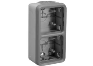 WEATHERPROOF IP55 RATED TWO GANG SURFACE MOUNT VERTICAL WALL BOX, MEMBRANE CABLE / CONDUIT SEALING GLANDS AT TOP AND BOTTOM OF BOX. GRAY.

<br><font color="yellow">Notes: </font> 
<br><font color="yellow">*</font>  Accepts 22.5mmX45mm, 45mmX45mm modular size devices.
<br><font color="yellow">*</font> For IP55 weatherproof applications: Use two #69580X45 modular device lift lid weatherproof covers with #69661X45.
<br><font color="yellow">*</font> For IP20 applications: Use two #69582X45 modular device support frames with  69661X45.

 