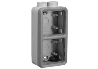 WEATHERPROOF IP55 RATED TWO GANG SURFACE MOUNT VERTICAL WALL BOX, TWO M20 CABLE / CONDUIT ENTRY HUBS <font color="yellow">(*)</font>, WALL BOX MOUNTING ORIENTATION OPTIONS = HUBS ON TOP OR BOTTOM. GRAY.

<br><font color="yellow">Notes: </font> 
<br><font color="yellow">*</font> Accepts 22.5mmX45mm, 45mmX45mm modular size devices.
<br><font color="yellow">*</font> <font color="yellow">(*)</font> M20 adapter #01614 available. Converts M20 to 1/2 inch National Pipe Thread (NPT).
<br><font color="yellow">*</font> For IP55 weatherproof applications: Use two #69580X45 modular device lift lid weatherproof covers with #69668X45.
<br><font color="yellow">*</font> For IP20 applications: Use #two 69582X45 modular device support frames with #69668X45.