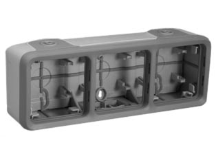 WEATHERPROOF IP55 RATED THREE GANG SURFACE MOUNT HORIZONTAL WALL BOX, MEMBRANE CABLE / CONDUIT SEALING GLANDS AT TOP AND BOTTOM OF BOX. GRAY.

<BR><font color="yellow">Notes:</font>
<br><font color="yellow">*</font> Accepts 22.5mmX45mm & 45mmX45mm modular size devices.

<BR><font color="yellow">*</font> View European, British, International Outlets / Switches. <a href="https://www.internationalconfig.com/modular_electrical_devices.asp" style="text-decoration: none">[ Entire Modular Device Series ]</a>

<BR><font color="yellow">*</font> View IP20 Rated Cover / Mounting Frame. <a href="https://internationalconfig.com/icc6.asp?item=69582X45" style="text-decoration: none"> [ IP20 Device Cover ]</a> 
  
<BR><font color="yellow">*</font> View IP55 Rated Weatherproof Cover / Mounting Frame. <a href="https://internationalconfig.com/icc6.asp?item=69580X45" style="text-decoration: none"> [ IP55 Device Cover ]</a>

<br><font color="yellow">*</font> For IP55 Weatherproof applications: Use three # 69580X45 lift lid weatherproof covers with # 69680X45.
<br><font color="yellow">*</font> For IP20 applications: Use three # 69582X45 covers with # 69680X45.   

  