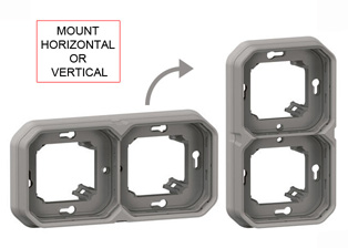 PANEL MOUNT OR WALL BOX MOUNT TWO GANG MODULAR DEVICE FRAME, HORIZONTAL OR VERTICAL MOUNT DESIGN, IP55 RATED, GRAY.

<br><font color="yellow">Notes: </font> 

<br><font color="yellow">*</font> Mounting frame accepts 22.5mmX45mm & 45mmX45mm modular size devices. <a href="https://www.internationalconfig.com/modular_electrical_devices.asp" style="text-decoration: none">[ Modular Devices ]</a>

<br><font color="yellow">*</font> Mounts on 60mm (60.3mm) centers. View # 77190-D wall box.
 

<BR><font color="yellow">*</font> View IP20 Rated Cover / Mounting Frame. <a href="https://internationalconfig.com/icc6.asp?item=69582LX45" style="text-decoration: none"> [ IP20 Device Cover ]</a> 
<br><font color="yellow">*</font> For IP20 applications: Use two # 69582LX45 inserts with # 69683LX45.
  
<BR><font color="yellow">*</font> View IP55 Rated Weatherproof Cover / Mounting Frame. <a href="https://internationalconfig.com/icc6.asp?item=69580LX45" style="text-decoration: none"> [ IP55 Device Cover ]</a>

<br><font color="yellow">*</font> For IP55 Weatherproof applications: Use two # 69580LX45 lift lid weatherproof cover inserts with # 69683LX45.


<br><font color="yellow">*</font> Operating temp. range = -10C to +40C. Storage temp. range = -25C to +60C. UV Protected, Halogen free.
 <BR><font color="yellow">*</font> View European, British, International Outlets / Switches. <a href="https://www.internationalconfig.com/modular_electrical_devices.asp" style="text-decoration: none">[ Entire Modular Device Series ]</a>