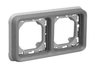 PANEL MOUNT OR WALL BOX MOUNT, HORIZONTAL TWO GANG MODULAR DEVICE FRAME, IP55 RATED. GRAY.

<br><font color="yellow">Notes: </font> 
<br><font color="yellow">*</font> For flush wall box mount installations use box #77190-D.
<br><font color="yellow">*</font> For IP55 weatherproof applications: Use two #69580X45 modular device lift lid weatherproof covers with #69683X45.
<br><font color="yellow">*</font> For IP20 applications: Use two #69582X45 modular device support frames with #69683x45.
<br><font color="yellow">*</font> Both #69580X45 & #69582X45 accept 45mmX45mm & 22.5mmX45mm modular outlets, switches and related devices listed below under related products.

 
