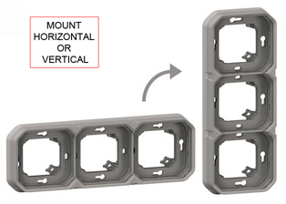 PANEL MOUNT OR WALL BOX MOUNT THREE GANG MODULAR DEVICE FRAME, HORIZONTAL OR VERTICAL MOUNT DESIGN, IP55 RATED, GRAY.

<br><font color="yellow">Notes: </font> 

<br><font color="yellow">*</font> Mounting frame accepts 22.5mmX45mm & 45mmX45mm modular size devices. <a href="https://www.internationalconfig.com/modular_electrical_devices.asp" style="text-decoration: none">[ Modular Devices ]</a>

<br><font color="yellow">*</font> Mounts on 60mm (60.3mm) centers. View # 77190-D3 wall box.


<BR><font color="yellow">*</font> View IP20 Rated Cover / Mounting Frame. <a href="https://internationalconfig.com/icc6.asp?item=69582LX45" style="text-decoration: none"> [ IP20 Device Cover ]</a>
<br><font color="yellow">*</font> For IP20 applications: Use three # 69582LX45 inserts with # 69687LX45. 


<BR><font color="yellow">*</font> View IP55 Rated Weatherproof Cover / Mounting Frame. <a href="https://internationalconfig.com/icc6.asp?item=69580LX45" style="text-decoration: none"> [ IP55 Device Cover ]</a>

<br><font color="yellow">*</font> For IP55 Weatherproof applications: Use three # 69580LX45 lift lid weatherproof cover inserts with # 69687LX45.


<br><font color="yellow">*</font> Operating temp. range = -10C to +40C. Storage temp. range = -25C to +60C. UV Protected, Halogen free.

 <BR><font color="yellow">*</font> View European, British, International Outlets / Switches. <a href="https://www.internationalconfig.com/modular_electrical_devices.asp" style="text-decoration: none">[ Entire Modular Device Series ]</a>