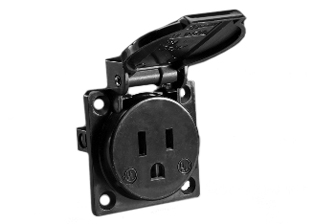 15 AMPERE-125 VOLT NEMA 5-15R (UL/CSA) WEATHERPROOF (IP54 COVER CLOSED) OUTLET (WITH GASKET), "T" MARK (IMPACT RESISTANT), 2 POLE-3 WIRE GROUNDING (2P+E). BLACK.

<br><font color="yellow">Notes: </font> 
<br><font color="yellow">*</font> Operating temp. = -25�C to +40�C.
<br><font color="yellow">*</font> Stainless steel wall plates #97120-BZ, #97120-DBZ mount outlet onto standard American 2x4, 4x4 wall boxes.
<br><font color="yellow">*</font> Outlet surface / panel mount wall box = use #70125.
<br><font color="yellow">*</font> Outlet DIN rail mount = use #70125-DIN bracket & #70125 wall box.
<br><font color="yellow">*</font> Outlet terminal shield = use #70127.
<br><font color="yellow">*</font> International / Worldwide panel mount power outlets for all countries are listed below in related products. Scroll down to view.
