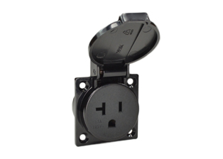 20 AMPERE-125 VOLT (USA / NEMA 5-20R) WEATHERPROOF (IP44 COVER CLOSED) PANEL OR WALL BOX MOUNT POWER OUTLET (WITH GASKET), SCREW CONNECT TERMINALS, 2 POLE-3 WIRE GROUNDING (2P+E). BLACK.

<br><font color="yellow">Notes: </font> 
<br><font color="yellow">*</font> Stainless steel wall plates #97120-BZ and #97120-DBZ mounts outlet onto standard American 2x4 and 4x4 wall boxes.
<br><font color="yellow">*</font> Optional panel mount terminal shield #70127 available.
<br><font color="yellow">*</font> Outlet accepts 15A, 20A plugs (NEMA 5-15P, NEMA 5-20P).
<br><font color="yellow">*</font> Not for use with #70125 wall box.
<br><font color="yellow">*</font> International / Worldwide panel mount power outlets for all countries are listed below in related products. Scroll down to view.
<BR> Scroll down to view.

  