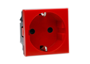 EUROPEAN "SCHUKO" 16 AMPERE-250 VOLT MODULAR OUTLET CEE 7/3 TYPE F, (EU1-16R), 45mmX45mm SIZE, SHUTTERED CONTACTS, 2 POLE-3 WIRE GROUNDING (2P+E). RED.

<br><font color="yellow">Notes: </font>  
<br><font color="yellow">*</font> Mounts on American 2X4 wall boxes, requires frame # 79120X45-N & # 79130X45-N wall plate (White, Black, ALU, SS). 
<br> <font color="yellow">*</font> Mounts on American 4X4 wall boxes, requires frame # 79210X45-N & # 79220X45-N wall plate (White, SS).<br><font color="yellow">*</font> Mounts on European wall boxes (60mm on center), requires frame # 79250X45-N & wall plate # 79265X45-N.
<br><font color="yellow">*</font> Surface mount insulated wall boxes # 680602X45 series. Surface mount Metal wall boxes # 79235X45 series.
<br><font color="yellow">*</font> Surface mount weatherproof, IP66 rated. Requires frame # 730092X45 & # 74790X45 wall box.
<br><font color="yellow">*</font> Panel mount frames # 79100X45, # 79100X45-ALU. DIN rail mount Frame # 79595X45. <a href="https://www.internationalconfig.com/catalog_pages/pg94.pdf" style="text-decoration: none" target="_blank"> Panel Mount Instruction Guide</a>
<br><font color="yellow">*</font> Complete range of modular devices and mounting component options. <a href="https://www.internationalconfig.com/modular_electrical_devices.asp" style="text-decoration: none">Modular Devices Link</a>
 <br><font color="yellow">*</font> Wall plates, boxes, outlets, switches, modular GFCI/RCD and circuit breakers are listed below. Scroll down to view.
