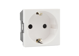 EUROPEAN "SCHUKO" 16 AMPERE-250 VOLT MODULAR OUTLET CEE 7/3 TYPE F (EU1-16R), 45mmX45mm SIZE, SHUTTERED CONTACTS, 2 POLE-3 WIRE GROUNDING (2P+E), WALL BOX, PANEL, DIN RAIL MOUNT. WHITE.

<br><font color="yellow">Notes: </font>  
<br><font color="yellow">*</font> Mounts on American 2X4 wall boxes, requires frame # 79120X45-N & # 79130X45-N wall plate (White, Black, ALU, SS). 
<br> <font color="yellow">*</font> Mounts on American 4X4 wall boxes, requires frame # 79210X45-N & # 79220X45-N wall plate (White, SS).<br><font color="yellow">*</font> Mounts on European wall boxes (60mm on center), requires frame # 79250X45-N & wall plate # 79265X45-N.
<br><font color="yellow">*</font> Surface mount insulated wall boxes # 680602X45 series. Surface mount Metal wall boxes # 79235X45 series.
<br><font color="yellow">*</font> Surface mount weatherproof, IP66 rated. Requires frame # 730092X45 & # 74790X45 wall box.
<br><font color="yellow">*</font> Panel mount frames # 79100X45, # 79100X45-ALU. DIN rail mount Frame # 79595X45. <a href="http://www.internationalconfig.com/catalog_pages/pg94.pdf" style="text-decoration: none" target="_blank"> Panel Mount Instruction Guide</a>
<br><font color="yellow">*</font> Complete range of modular devices and mounting component options. <a href="http://www.internationalconfig.com/modular_electrical_devices.asp" style="text-decoration: none">Modular Devices Link</a>
 <br><font color="yellow">*</font> Wall plates, boxes, outlets, switches, modular GFCI/RCD and circuit breakers are listed below. Scroll down to view.

 