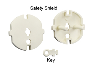 EUROPEAN CHILD-PROOF SOCKET SECURITY / SAFETY SHIELD. SHIELD MOUNTS INTO SCHUKO / FRENCH POWER OUTLETS, SOCKET STRIPS AND IN-LINE CONNECTORS. "KEY" REQUIRED TO REMOVE SAFETY SHIELD. "KEY" INCLUDED. 

<br><font color="yellow">Notes: </font> 
<br><font color="yellow">*</font> Safety, security shield restricts access to the socket and prevents objects from being inserted into the outlets electrical system.