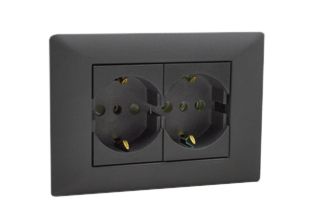 EUROPEAN SCHUKO, ITALY, CHILE, 16A-250V CEE 7/3 DUPLEX OUTLET, TYPE E, F, L (EU1-16R / IT1-10R), SHUTTERED CONTACTS, WALL BOX, PANEL MOUNT, 2 POLE-3 WIRE GROUNDING (2P+E). DARK GRAY. 

<br><font color="yellow">Notes: </font> 
<br><font color="yellow">*</font> Mounts on American 2x4 wall boxes or panel mount.


<BR><font color="yellow">*</font> Weatherproof IP 55 Version: Requires ONE # 84202-WP & TWO # 84211-A outlets (White). Options: Red, Dark Gray.


<br><font color="yellow">*</font> Outlet accepts European Type C, E, F, CEE 7, CEE 7/4, CEE 7/7 Plugs, Europlug & Italy, Chile, Type L 10A-250V Plugs.
<br><font color="yellow">*</font> Outlet terminal screws torque = 0.5Nm.
<br><font color="yellow">*</font> European Outlets, RCBO/RCD Sockets, Plugs, PDU Strips, Power Cords listed below. Scroll down to view.



