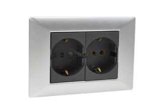 EUROPEAN SCHUKO, ITALY, CHILE, 16A-250V CEE 7/3 DUPLEX OUTLET, TYPE E, F, L (EU1-16R / IT1-10R), SHUTTERED CONTACTS, WALL BOX, PANEL MOUNT, 2 POLE-3 WIRE GROUNDING (2P+E). CHROME / DARK GRAY. 

<br><font color="yellow">Notes: </font> 
<br><font color="yellow">*</font> Mounts on American 2x4 wall boxes or panel mount.


<BR><font color="yellow">*</font> Weatherproof IP 55 Version: Requires ONE # 84202-WP & TWO # 84211-A outlets (White). Options: Red, Dark Gray.


<br><font color="yellow">*</font> Outlet accepts European Type C, E, F, CEE 7, CEE 7/4, CEE 7/7 Plugs, Europlug & Italy, Chile, Type L 10A-250V Plugs.
<br><font color="yellow">*</font> Outlet terminal screws torque = 0.5Nm.
<br><font color="yellow">*</font> European Outlets, RCBO/RCD Sockets, Plugs, PDU Strips, Power Cords listed below. Scroll down to view.


