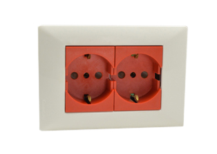 EUROPEAN SCHUKO, ITALY, CHILE, 16A-250V CEE 7/3 DUPLEX OUTLET, TYPE E, F, L (EU1-16R / IT1-10R), SHUTTERED CONTACTS, WALL BOX, PANEL MOUNT, 2 POLE-3 WIRE GROUNDING (2P+E). WHITE / RED.

<br><font color="yellow">Notes: </font> 
<br><font color="yellow">*</font> Mounts on American 2x4 wall boxes or panel mount.


<BR><font color="yellow">*</font> Weatherproof IP 55 Version: Requires ONE # 84202-WP & TWO # 84211-A outlets (White). Options: Red, Dark Gray.


<br><font color="yellow">*</font> Outlet accepts European Type C, E, F, CEE 7, CEE 7/4, CEE 7/7 Plugs, Europlug & Italy, Chile, Type L 10A-250V Plugs.
<br><font color="yellow">*</font> Outlet terminal screws torque = 0.5Nm.
<br><font color="yellow">*</font> European Outlets, RCBO/RCD Sockets, Plugs, PDU Strips, Power Cords listed below. Scroll down to view.


