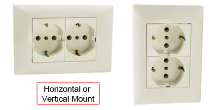 EUROPEAN SCHUKO, ITALY, CHILE, 16A-250V CEE 7/3 DUPLEX OUTLET, TYPE E, F, L (EU1-16R / IT1-10R), SHUTTERED CONTACTS, WALL BOX, PANEL MOUNT, 2 POLE-3 WIRE GROUNDING (2P+E). WHITE. 

<br><font color="yellow">Notes: </font> 
<br><font color="yellow">*</font> Mounts on American 2x4 wall boxes or panel mount.


<BR><font color="yellow">*</font> Weatherproof IP 55 Version: Requires ONE # 84202-WP & TWO # 84211-A outlets (White). Options: Red, Dark Gray.


<br><font color="yellow">*</font> Outlet accepts European Type C, E, F, CEE 7, CEE 7/4, CEE 7/7 Plugs, Europlug & Italy, Chile, Type L 10A-250V Plugs.
<br><font color="yellow">*</font> Outlet terminal screws torque = 0.5Nm.
<br><font color="yellow">*</font> European Outlets, RCBO/RCD Sockets, Plugs, PDU Strips, Power Cords listed below. Scroll down to view.




 
 