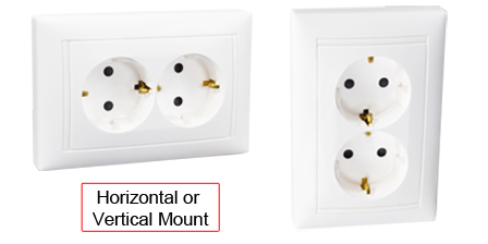 EUROPEAN "SCHUKO" 16 AMPERE-250 VOLT CEE 7/3 TYPE F DUPLEX OUTLET, (EU1-16R), SHUTTERED CONTACTS, FLUSH MOUNT / PANEL MOUNT, 2 POLE-3 WIRE GROUNDING (2P+E). WHITE.

<BR><font color="yellow">Notes:</font>
<BR><font color="yellow">*</font> European wall box mount applications = Use #72350X47D, #72350X35D #77190 wall boxes.
<BR><font color="yellow">*</font> American 2x4 wall box mount applications = Use duplex outlet #70114-DW. 
<BR><font color="yellow">*</font> Locking outlet version #70310 available. Prevents accidental disconnects.
 <BR><font color="yellow">*</font> European "Schuko" connectors, plugs, inlets, outlets, GFCI/RCD sockets, power strips, power cords, plug adapters in related products. Scroll down to view.



 