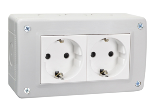 EUROPEAN "SCHUKO" CEE 7/3 TYPE F (EU1-16R) 16 AMPERE-250 VOLT SURFACE MOUNT DUPLEX OUTLET, SHUTTERED CONTACTS, 2 POLE-3 WIRE GROUNDING (2P+E). WHITE OUTLET, GREY ENCLOSURE.

<br><font color="yellow">Notes: </font> 
<br><font color="yellow">*</font> European "Schuko" connectors, plugs, inlets, outlets, GFCI/RCD sockets, power strips, power cords, plug adapters listed below in related products. Scroll down to view.