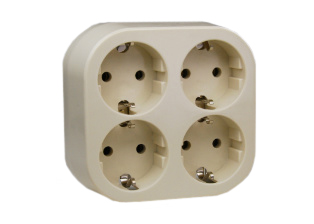 EUROPEAN "SCHUKO" CEE 7/3 TYPE F (EU1-16R) 16 AMPERE-250 VOLT QUAD OUTLET, SURFACE MOUNT, 2 POLE-3 WIRE GROUNDING (2P+E). IVORY.

<br><font color="yellow">Notes: </font> 
<br><font color="yellow">*</font> Use # 0004-060 base plate when mounting on European wall boxes or metal panels.
<br><font color="yellow">*</font> Converts to 4 outlet power strip. Requires # 81070 type power cords & # 0004-060 base plate.
<br><font color="yellow">*</font> European "Schuko" connectors, plugs, inlets, outlets, GFCI/RCD sockets, power strips, power cords, plug adapters listed below in related products. Scroll down to view.