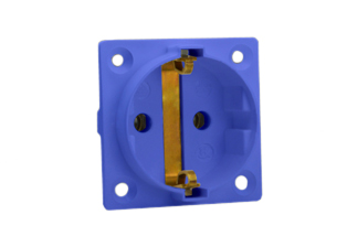 EUROPEAN "SCHUKO" 16 AMPERE-250 VOLT CEE 7/3 TYPE F OUTLET (EU1-16R), 50mmX50mm SIZE, PANEL MOUNT OR WALL BOX MOUNT, 2 POLE-3 WIRE GROUNDING (2P+E), IMPACT RESISTANT NYLON. BLUE.

<br><font color="yellow">Notes: </font> 
<br><font color="yellow">*</font> Terminal screw torque = 0.5Nm.
<br><font color="yellow">*</font> Stainless steel wall plates #97120-BZ and #97120-DBZ mounts outlet onto standard American 2x4 and 4x4 wall boxes.
<br><font color="yellow">*</font> For surface mount applications use #70125 wall box.
<br><font color="yellow">*</font> For DIN rail mount use #70125-DIN bracket with #70125 wall box.
<br><font color="yellow">*</font> Optional panel mount terminal shield #70127 available.
<br><font color="yellow">*</font> European Schuko "locking" outlet #70300 available. Prevents accidental disconnects.
<br><font color="yellow">*</font> International / Worldwide panel mount power outlets for all countries are listed below in related products. Scroll down to view.