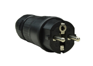 EUROPEAN SCHUKO, GERMANY, FRANCE, BELGIUM 16 AMPERE-250 VOLT TYPE E, F CEE 7/7, CEE 7/4 (EU1-16P) PLUG (4.8mm DIA. PINS), IP54 RATED, DUAL STRAIN RELIEFS, "T" MARK (IMPACT RESISTANT BODY), 2 POLE-3 WIRE GROUNDING (2P+E), O.D. CORD GRIP = 12.4mm (0.473"), BLACK. 

<br><font color="yellow">Notes: </font> 
<br><font color="yellow">*</font> UV-Resistant. High resistance to most oils, greases, solvents.
<br><font color="yellow">*</font> Operating Temp. Rating = -30�C to +40�C.
<br><font color="yellow">*</font> Storage Temp. Rating = -40�C to +80�C.
<br><font color="yellow">*</font> Terminal screws, Strain relief torque = 0.05-0.08Nm

<BR><font color="yellow">*</font> European Schuko "Locking Plugs" # 71441, # 70341-N are listed below. Prevents accidental disconnect.

