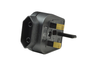 BRITISH, UK, UNITED KINGDOM 3 AMPERE-250 VOLT <font color="yellow"> TYPE G </font> PLUG ADAPTER. MATES EUROPEAN CEE 7/16 "EUROPLUGS" WITH BRITISH, UK, UNITED KINGDOM BS 1363A (UK1-13R) OUTLETS, FUSED 3 AMPERE. BLACK.

<br><font color="yellow">Notes: </font> 
<br><font color="yellow">*</font> Europlug plug when inserted into #70155-BLK is a permanent connection and cannot be removed.
<br><font color="yellow">*</font> Non-grounding (2 pole-2 wire).
<br><font color="yellow">*</font> Material: Polyamide 6.
<br><font color="yellow">*</font> View related products list below for country specific plug adapters & universal European, international, worldwide plug adapters for all Countries.