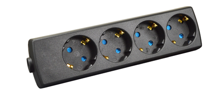 EUROPEAN SCHUKO 16 AMPERE-250 VOLT TYPE F CEE 7/3 (EU1-16R) POWER STRIP / IN-LINE CONNECTOR,  REWIREABLE, FOUR <font color=ORANGE>(45� ANGLE)</font> OUTLETS, SHUTTERED CONTACTS, IP20 RATED, 2 POLE-3 WIRE GROUNDING (2P+E), NYLON. BLACK. 
<br> <font color="yellow">Notes: </font>
<br> <font color="yellow">*</font> View print for power supply cords or use 1.5mm� cordage. Max. O.D. = 10mm (0.394").
<br><font color="yellow">*</font> Select a European 16A-250V power cord.</font> <a href="https://internationalconfig.com/icc6.asp?item=81070" style="text-decoration: none">Power Cords Link</a>
<br> <font color="yellow">*</font> ROJ from cable, Strip three conductors 80mm (3.15").  
<br> <font color="yellow">*</font> Screw Torque: L + N Terminals = 0.4Nm, PE "Earth" = 0.6Nm, Cord Clamp = 0.6Nm. 
<br> <font color="yellow">*</font> Temp. Range: Nylon (PA) Temp. rating = -40�C to +75�C., VDE Minimum Temp. rating = -5�C to +35�C. 
<br> <font color="yellow">*</font> European Schuko plugs, outlets, power cords, GFCI/RCD outlets, power strips, adapters listed below. Scroll down to view.