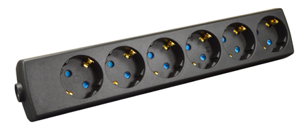 EUROPEAN SCHUKO CONNECTOR, 16 AMPERE-250 VOLT TYPE F CEE 7/3 (EU1-16R) POWER STRIP / REWIREABLE IN-LINE CONNECTOR, SIX <font color=ORANGE>(45� ANGLE)</font> OUTLETS, SHUTTERED CONTACTS, IP20 RATED, 2 POLE-3 WIRE GRPUNDING (2P+E), NYLON. BLACK.

<br> <font color="yellow">Notes: </font>
<br> <font color="yellow">*</font> View print for power supply cords or use 1.5mm� cordage. Max. O.D. = 10mm (0.394").
<br><font color="yellow">*</font> Select a European 16A-250V power cord.</font> <a href="https://internationalconfig.com/icc6.asp?item=81070" style="text-decoration: none">Power Cords Link</a>
<br> <font color="yellow">*</font> ROJ from cable, Strip three conductors 80mm (3.15").  
<br> <font color="yellow">*</font> Screw Torque: L + N Terminals = 0.4Nm, PE "Earth" = 0.6Nm, Cord Clamp = 0.6Nm. 
<br> <font color="yellow">*</font> Temp. Range: Nylon (PA) Temp. rating = -40�C to +75�C., VDE Minimum Temp. rating = -5�C to +35�C. 
<br> <font color="yellow">*</font> European Schuko plugs, outlets, power cords, GFCI/RCD outlets, power strips, adapters listed below. Scroll down to view.