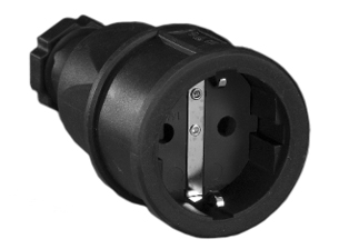 EUROPEAN SCHUKO 16 AMPERE-250 VOLT TYPE E, F CEE 7/3 (EU1-16R) IN-LINE CONNECTOR, IP20, IMPACT RESISTANT BODY. 2 POLE-3 WIRE GROUNDING (2P+E), MAX. CORD O.D. = 0.433". BLACK. 

<br><font color="yellow">Notes: </font> 
<br><font color="yellow">*</font> Temp. range = -25�C to +40�C.
<br><font color="yellow">*</font> European Schuko "locking connector" #70361 is listed below. Prevents accidental disconnects.
<br><font color="yellow">*</font> European Schuko plugs, outlets, power cords, GFCI/RCD socket strips, adapters listed below in related products. Scroll down To view.
