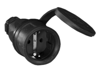 EUROPEAN SCHUKO 16 AMPERE-250 VOLT TYPE E, F CEE 7/3 CONNECTOR, IP44, "FLIP LID" CLOSURE COVER, "T" RATED HIGH IMPACT RESISTANT BODY, 2 POLE-3 WIRE GROUNDING (2P+E), MAX. CORD O.D. = 0.433". BLACK. 

<br><font color="yellow">Notes: </font> 
<br><font color="yellow">*</font> Temp. range = -25�C to +40�C.
<br><font color="yellow">*</font> European Schuko "locking connector" #70361 is listed below. Prevents accidental disconnects.
<br><font color="yellow">*</font> European Schuko plugs, outlets, power cords, GFCI/RCD socket strips, adapters listed below in related products. Scroll down To view.
