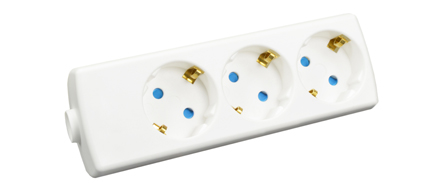 EUROPEAN SCHUKO 16 AMPERE-250 VOLT TYPE F CEE 7/3 (EU1-16R) POWER STRIP / IN-LINE CONNECTOR (REWIREABLE), THREE <font color=ORANGE>(45� ANGLE)</font> OUTLETS, SHUTTERED CONTACTS, IP20 RATED, 2 POLE-3 WIRE GROUNDING (2P+E), NYLON. WHITE. 

<br> <font color="yellow">Notes: </font>
<br> <font color="yellow">*</font> View print for power supply cords or use 1.5mm� cordage. Max. O.D. = 10mm (0.394").
<br><font color="yellow">*</font> Select a European 16A-250V power cord.</font> <a href="https://internationalconfig.com/icc6.asp?item=81070" style="text-decoration: none">Power Cords Link</a>
<br> <font color="yellow">*</font> ROJ from cable, Strip three conductors 80mm (3.15").  
<br> <font color="yellow">*</font> Screw Torque: L + N Terminals = 0.4Nm, PE "Earth" = 0.6Nm, Cord Clamp = 0.6Nm. 
<br> <font color="yellow">*</font> Temp. Range: Nylon (PA) Temp. rating = -40�C to +75�C., VDE Minimum Temp. rating = -5�C to +35�C. 
<br> <font color="yellow">*</font> European Schuko plugs, outlets, power cords, GFCI/RCD outlets, power strips, adapters listed below. Scroll down to view.