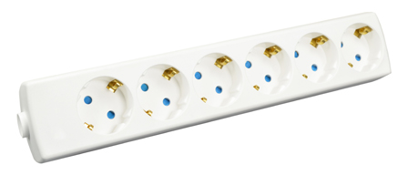 EUROPEAN SCHUKO 16 AMPERE-250 VOLT TYPE F CEE 7/3 (EU1-16R) IN-LINE CONNECTOR (REWIREABLE), SIX <font color=ORANGE>(45� ANGLE)</font> OUTLETS, SHUTTERED CONTACTS, IP20 RATED, 2 POLE-3 WIRE GROUNDING (2P+E). WHITE. 

<br> <font color="yellow">Notes: </font>
<br> <font color="yellow">*</font> View print for power supply cords or use 1.5mm� cordage. Max. O.D. = 10mm (0.394").
<br><font color="yellow">*</font> Select a European 16A-250V power cord.</font> <a href="http://internationalconfig.com/icc6.asp?item=81070" style="text-decoration: none">Power Cords Link</a>
<br> <font color="yellow">*</font> ROJ from cable, Strip three conductors 80mm (3.15").  
<br> <font color="yellow">*</font> Screw Torque: L + N Terminals = 0.4Nm, PE "Earth" = 0.6Nm, Cord Clamp = 0.6Nm. 
<br> <font color="yellow">*</font> Temp. Range: Nylon (PA) Temp. rating = -40�C to +75�C., VDE Minimum Temp. rating = -5�C to +35�C. 
<br> <font color="yellow">*</font> European Schuko plugs, outlets, power cords, GFCI/RCD outlets, power strips, adapters listed below. Scroll down to view.