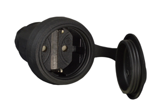 EUROPEAN SCHUKO, GERMANY, (EU1-16R) 16 AMPERE-250 VOLT CEE 7/3, DIN / VDE 0620, IEC 60884 TYPE E, F "ELAMID PLASTIC" CONNECTOR, 2 POLE-3 WIRE GROUNDING (2P+E), PROTECTIVE FLIP LID COVER, IP44 RATED, IK08 RATED, VDE "T" RATED (IMPACT RESISTANT), SHUTTERED CONTACTS, TERMINALS ACCEPT 2.5mm CONDUCTORS, MAX. CORD O.D. = 0.492" DIA., BLACK.

<br><font color="yellow">Notes: </font> 
<br><font color="yellow">*ELAMID Plastic Material Features:</font> -40�C to +80�C rated, UV protection, chemical and impact resistant.