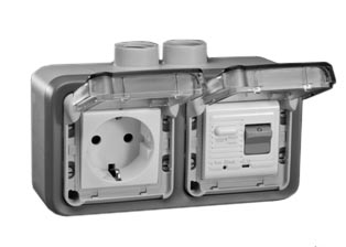 EUROPEAN "SCHUKO" 16 AMPERE-230 VOLT CEE 7/3 <font color="yellow">GFCI (RCBO/RCD)</font> OUTLET, TYPE F (EU1-16R), 50/60 Hz, <font color="yellow">(10mA TRIP)</font>, IP55 RATED WEATHERPROOF BOX AND COVER, M20 CABLE ENTRY HUBS (**), HORIZONTAL SURFACE MOUNT, 2 POLE-3 WIRE GROUNDING (2P+E). GRAY. 
 
<BR><font color="yellow">Notes:</font>
<BR><font color="yellow">**</font> M20 adapter #01614 available. Converts M20 to 1/2 inch National Pipe Thread (NPT). 
<BR><font color="yellow">*</font> Downstream outlets can be protected. Use on single phase 230 volt circuits only.
<BR><font color="yellow">*</font> Latched RCD, No reset after power failure. RCBO (single pole + neutral) provides over current protection.
<BR><font color="yellow">*</font> Screw terminal torque = 0.08Nm. Operating temp. = -5�C to +40�C. 
<BR><font color="yellow">*</font> Weatherproof IP66 rated outlets listed below. Scroll down to view.
<BR> <font color="yellow">*</font> Not for use on life support, medical equipment, refrigeration equipment.  
<BR><font color="yellow">*</font> GFCI (RCBO/RCD) outlets are available for all countries. Contact us.  

