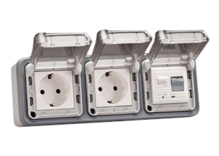 EUROPEAN SCHUKO 16 AMPERE-230 VOLT CEE 7/3 <font color="yellow">GFCI (RCBO/RCD)</font> DUPLEX OUTLET, TYPE F (EU1-16R), 50/60 Hz, <font color="yellow">(10mA TRIP)</font>, HORIZONTAL SURFACE MOUNT, IP55 RATED WEATHERPROOF BOX AND COVER (GLAND TYPE CABLE ENTRY), 2 POLE-3 WIRE GROUNDING (2P+E). GRAY.

<BR><font color="yellow">Notes:</font>
<BR><font color="yellow">*</font> Downstream outlets can be protected. Use on single phase 230 volt circuits only.
<BR><font color="yellow">*</font> Latched RCD, No reset after power failure. RCBO (single pole + neutral) provides over current protection.
<BR><font color="yellow">*</font> Screw terminal torque = 0.08Nm. Operating temp. = -5C to +40C. 
<BR><font color="yellow">*</font> Weatherproof IP66 rated outlets listed below. Scroll down to view.
<BR> <font color="yellow">*</font> Not for use on life support, medical equipment, refrigeration equipment.  
 <BR><font color="yellow">*</font> GFCI (RCBO/RCD) outlets are available for all countries. Contact us.  
