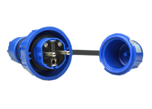 FRANCE, BELGIUM, EUROPEAN SCHUKO, GERMAN LOCKING (*) 16 AMPERE-250 VOLT CEE 7/7 (EU1-16P) TYPE E, F, IP66 / IP68 WATERTIGHT PLUG, 2 POLE-3 WIRE GROUNDING (2P+E). BLUE.

<br><font color="yellow">Notes: </font> 
<br><font color="yellow">*</font> (*) Locking and watertight when connected with #71125, #71130 outlets or 71175 in-line connector. Twist type locking collar locks and seals connection. Prevents accidental disconnects.
<br><font color="yellow">*</font> Terminals accept 12AWG (4.0mm) conductors, Max. cord grip = 0.235"-0.750".
<br><font color="yellow">*</font> Temp. range = 15�C to +35�C.
<br><font color="yellow">*</font> European Schuko IP66, IP68, locking / watertight outlets, plugs, connectors and IP44, IP54 International / Worldwide panel mount / wall box mount power outlets for all countries are listed below in related products. Scroll down to view.