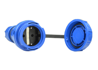 EUROPEAN SCHUKO LOCKING (*) 16 AMPERE-250 VOLT CEE 7/3 (EU1-16R) TYPE E, F, IP66 / IP68 WATERTIGHT IN-LINE CONNECTOR, SHUTTERED CONTACTS, 2 POLE-3 WIRE GROUNDING (2P+E). BLUE.

<br><font color="yellow">Notes: </font> 
<br><font color="yellow">*</font> (*) Locking and watertight when connected with # 71442, 71443, 71444 power inlets or 71441, 70341-N, 71341 power plugs. 
<br><font color="yellow">*</font> Twist type locking collar locks / seals connection. Prevents accidental disconnects. <br><font color="yellow">*</font> Terminals accept 12AWG (4.0mm) conductors, Max. cord grip = 0.235"-0.750".
<br><font color="yellow">*</font> Temp. range = -5�C to +35�C.
<br><font color="yellow">*</font> France, Belgium TYPE E, F, CEE 7/5 IP66, IP68, locking / watertight outlets, plugs, connectors and IP44, IP54 International / Worldwide panel mount / wall box mount power outlets for all countries are listed below in related products. Scroll down to view.