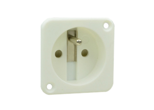 FRANCE, BELGIUM CEE 7/5 TYPE E 16 AMPERE-250 VOLT (FR1-16R) PANEL MOUNT OUTLET (52mmX52mm SIZE), 2 POLE-3 WIRE GROUNDING (2P+E), SHUTTERED CONTACTS, SCREW/CLAMP TYPE TERMINALS. WHITE.

<br><font color="yellow">Notes: </font> 
<br><font color="yellow">*</font> Terminal screw torque = 0.5Nm.
<br><font color="yellow">*</font> France, Belgium "locking" outlets #71125, #71130 available. Prevents accidental disconnects.
<br><font color="yellow">*</font> All CEE 7/7 European "Schuko" type plugs & power cords mate with France / Belgium outlets, sockets, connectors.
<br><font color="yellow">*</font> Use part #97125 wall plate when mounting on American 2x4 wall boxes.
<br><font color="yellow">*</font> France, Belgium plugs, outlets, power cords, connectors, power strips, GFCI sockets listed below in related products. Scroll down to view.
 