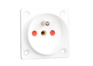 FRANCE, BELGIUM CEE 7/5 TYPE E 16 AMPERE-250 VOLT (FR1-16R) PANEL MOUNT OUTLET (50mmX50mm SIZE), 2 POLE-3 WIRE GROUNDING (2P+E), SHUTTERED CONTACTS, IP20 RATED, SCREW/CLAMP TYPE TERMINALS. WHITE.

<br><font color="yellow">Notes: </font> 
<br><font color="yellow">*</font> Recommended line, neutral and PE ground terminal torque = 0.5Nm.
<br><font color="yellow">*</font> France, Belgium "locking" outlets #71125, #71130 available. Prevents accidental disconnects.
<br><font color="yellow">*</font> All CEE 7/7 European "Schuko" type plugs & power cords mate with France / Belgium outlets, sockets, connectors.
<br><font color="yellow">*</font> Requires #97120-BZ wall plate when mounted on American 2x4 wall boxes.
<br><font color="yellow">*</font> France, Belgium plugs, outlets, power cords, connectors, power strips, GFCI sockets listed below in related products. Scroll down to view.
