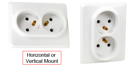 FRANCE, BELGIUM 16 AMPERE-250 VOLT TYPE E CEE 7/5 (FR1-16R) DUPLEX OUTLET, PANEL MOUNT OR WALL BOX MOUNT, 2 POLE-3 WIRE GROUNDING. WHITE. 

<br><font color="yellow">Notes: </font> 
<br><font color="yellow">*</font> France, Belgium "locking" outlets #71125, #71130 available. Prevents accidental disconnects.
<br><font color="yellow">*</font> All CEE 7/7 European "Schuko" type plugs & power cords mate with France / Belgium outlets, sockets, connectors.
<br><font color="yellow">*</font> France, Belgium plugs, outlets, power cords, connectors, power strips, GFCI sockets listed below in related products. Scroll down to view.