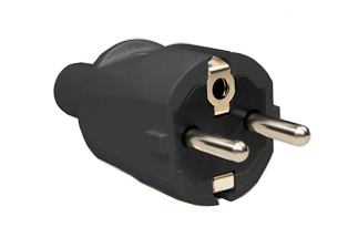 FRANCE, BELGIUM, EUROPEAN SCHUKO, GERMANY, 16 AMPERE-250 VOLT CEE 7/7 (FR1-16P) TYPE E, F PLUG (4.8mm DIA. PINS), IP20 RATED, 2 POLE-3 WIRE GROUNDING (2P+E), IMPACT RESISTANT, O.D. CORD GRIP = 10.4mm (0.409") DIA., BLACK.

<br><font color="yellow">Notes: </font> 
<br><font color="yellow">*</font> Material = PVC, PA.
<br><font color="yellow">*</font> Operating temp. = -15�C to +35�C.
<br><font color="yellow">*</font> Storage temp. = -15�C to +60�C.
<br><font color="yellow">*</font> Terminals accept 0.75mm-1.5mm conductors.
<br><font color="yellow">*</font> Screw torques: Terminals = 0.5Nm / 0.8Nm., Strain relief = 0.5Nm, Housing = 0.5Nm.
<br><font color="yellow">*</font> All CEE 7/7 European "Schuko" type plugs & power cords connect with France / Belgium outlets, sockets, connectors.
