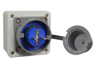 EUROPEAN SCHUKO 16 AMPERE 220-250 VOLT, 50/60 Hz, I 68 RATED WATERTIGHT SURFACE MOUNT LOCKING FLANGED INLET (*), CEE 7/4 TYPE F (EU1-16P), 2 POLE-3 WIRE GROUNDING (2P+E). GRAY / BLUE.

<br><font color="yellow">Notes: </font> 
<br><font color="yellow">*</font> Terminal torque = 3Nm max.
<br><font color="yellow">*</font> Material = PA (nylon)
<br><font color="yellow">*</font> Nylon (PA) Temp. Range: -40�C to +75�C. TUV Minimum Temp. Range: -25�C to +40�C.
 <br><font color="yellow">*</font> (*) Locks onto <font color="yellow"> # 71445, # 70361 power connectors.</font> Twist type locking collar locks and seals connection. 
<br><font color="yellow">*</font> Closure cover for # 71443 inlet available, protects inlet from weather and impact damage, when required order cover # 71440-A.
<br><font color="yellow">*</font> European German Schuko IP68, locking / watertight outlets, plugs, connectors and IP44, IP54 International / Worldwide panel mount / wall box mount power outlets for all countries are listed below. Scroll down to view.