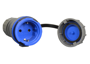 EUROPEAN SCHUKO 16 AMPERE 220-250 VOLT, 50/60 Hz, IP68 RATED WATERTIGHT LOCKING CONNECTOR (*), CEE 7/3 TYPE F (EU1-16R), 2 POLE-3 WIRE GROUNDING (2P+E). GRAY / BLUE.

<br><font color="yellow">Notes: </font> 
<br><font color="yellow">*</font> Max cord O.D. = 8-16mm (0.315-0.629")
<br><font color="yellow">*</font> Terminal torque = 3Nm max.
<br><font color="yellow">*</font> Material = PA (nylon)
<br><font color="yellow">*</font> Nylon (PA) Temp. Range: -40�C to +75�C. TUV Minimum Temp. Range: -25�C to +40�C.
<br><font color="yellow">*</font> (*) Locking and watertight when connected to # 71442, 71443, 71444, power inlets and # 71441, 70341-N 71341 power plugs. 
<br><font color="yellow">*</font> Twist type locking collar seals connection. Prevents accidental disconnects.
<br><font color="yellow">*</font> European German Schuko IP68, locking / watertight outlets, plugs, connectors and IP44, IP54 International / Worldwide panel mount / wall box mount power outlets for all countries are listed below. Scroll down to view.