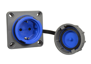 EUROPEAN SCHUKO 16 AMPERE 220-250 VOLT, 50/60 Hz, IP68 RATED WATERTIGHT LOCKING PANEL MOUNT OUTLET (*), CEE 7/3 TYPE F (EU1-16R), 2 POLE-3 WIRE GROUNDING (2P+E). GRAY / BLUE.

<br><font color="yellow">Notes: </font> 
<br><font color="yellow">*</font> Terminal torque = 3Nm max.
<br><font color="yellow">*</font> Material = PA (nylon)
<br><font color="yellow">*</font> Nylon (PA) Temp. Range: -40�C to +75�C. TUV Minimum Temp. Range: -25�C to +40�C.
<br><font color="yellow">*</font> (*) Locks onto #71441, #70341-N plugs. Twist type locking collar seals connection. Prevents accidental disconnects.  
<br><font color="yellow">*</font> European German Schuko IP68, locking / watertight outlets, plugs, connectors and IP44, IP54 International / Worldwide panel mount / wall box mount power outlets for all countries are listed below. Scroll down to view.