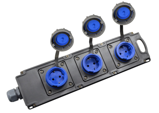 EUROPEAN SCHUKO 16 AMPERE 220-250 VOLT, 50/60 Hz, IP67 RATED WATERTIGHT THREE OUTLET LOCKING POWER STRIP, IN-LINE CONNECTOR (***), CEE 7/3 TYPE F (EU1-16R), 2 POLE-3 WIRE GROUNDING (2P+E). GRAY / BLUE.  

<br><font color="yellow">Notes: </font> 
<br><font color="yellow">*</font> Max cord O.D. = 18.3mm (0.720")
<br><font color="yellow">*</font> Terminal torque = 3Nm max.
<br><font color="yellow">*</font> Material = PA (nylon)
<br><font color="yellow">*</font> Temp. range = -25�C to +40�C.
<br><font color="yellow">*</font> (*) Outlets lock onto #71441, #70341-N, #71341 plugs. Twist type locking cover locks / seals connection.
<br><font color="yellow">*</font> # 71449 PDU horizontal rack mountable. Requires 3U size mounting plate.
<br><font color="yellow">*</font> # 71449 power strip rated IP67 (outlets rated IP68).
<br><font color="yellow">*</font> (***) With integral hanger bracket.
<br><font color="yellow">*</font> European IP68 watertight outlets, plugs, connectors and IP44, IP54 outlets listed below. Scroll down to view.