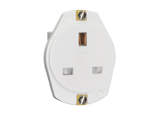 BRITISH, UNITED KINGDOM, SAUDI ARABIA 13 AMPERE-250 VOLT PANEL MOUNT TYPE G OUTLET, BS 1363 (UK1-13R, SASO 2203, SA1-13R), SHUTTERED CONTACTS, SIDE WIRED, 2 POLE-3 WIRE GROUNDING (2P+E). WHITE. 

<br><font color="yellow">Notes: </font> 
<br><font color="yellow">*</font> Face Dia. = 49.12mm.
<br><font color="yellow">*</font> Outlet has "G MARK" certification required by Gulf States, Saudi Arabia "SASO 2203", Bahrain, Kuwait, Qatar, Oman, Yemen, UAE.
<br><font color="yellow">*</font> British, United Kingdom plugs, power cords, outlets, power strips, GFCI-RCD receptacles, sockets, connectors, extension cords, plug adapters listed below in related products. Scroll down to view.

 