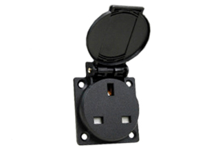UNITED KINGDOM, UK, BRITISH 13 AMPERE-250 VOLT WEATHERPROOF PANEL OR WALL BOX MOUNT OUTLET WITH GASKET (IP54 COVER CLOSED), BS 1363A TYPE G SOCKET (UK1-13R), SHUTTERED CONTACTS, 2 POLE-3 WIRE GROUNDING (2P+E). BLACK.

<br><font color="yellow">Notes: </font> 
<br><font color="yellow">*</font> Stainless steel wall plates #97120-BZ and #97120-DBZ mounts outlet onto standard American 2X4 and 4X4 wall boxes.
<br><font color="yellow">*</font> For surface mount applications use #70125 wall box.
<br><font color="yellow">*</font> For DIN rail mount use #70125-DIN bracket with #70125 wall box.
<br><font color="yellow">*</font> Optional panel mount terminal shield #70127 available.
<br><font color="yellow">*</font> British, United kingdom plugs outlets, connectors, power cords, socket strips, GFCI (RCD) outlets are listed below in related products. Scroll down to view.