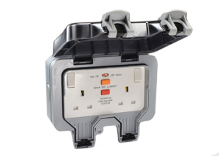 BRITISH, UNITED KINGDOM  <font color="yellow"> WEATHERPROOF GFCI [RCD] DUPLEX OUTLET</font>, [IP66 RATED, COVER CLOSED (**)], 13 AMPERE-230 VOLT, <font color="yellow"> 30mA TRIP </font>, 50/60Hz [UK1-13R] TYPE G SOCKETS, AUTOMATIC RESET, SINGLE POLE SWITCHED OUTLETS, SHUTTERED CONTACTS, ON/OFF INDICATOR LIGHT, TRANSPARENT COVER, IMPACT RESISTANT, 2 POLE-3 WIRE GROUNDING [2P+E], SURFACE MOUNT. GRAY.

<BR> <font color="yellow"> Notes: </font> 
<BR><font color="yellow">*</font> GFCI [RCD] outlet is latching, passive design [automatic reset]. Will not trip on power failure. 
<BR><font color="yellow">*</font> Not for use on life support, medical equipment, refrigeration equipment.
<BR><font color="yellow">*</font> Will not protect downstream outlets. Options = GFCI [RCD] outlets with downstream protection are available.
<BR><font color="yellow">*</font> M20 knockout type cable entries [expandable to M25] - 8 places [Top, Bottom, Sides].
<BR><font color="yellow">*</font> M20 cutout type cable entry [expandable to M25] - 1 place [Back].
<BR><font color="yellow">**</font> Cover can be closed and latched with plugs inserted. Accepts most BS 1363 type power cords and plugs. 
<BR><font color="yellow">*</font> UK, British GFCI [RCD] receptacles, plugs, sockets, outlets, power cords listed below in related products. Scroll down to view. 
 

 