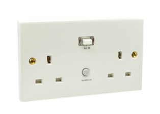 BRITISH, UNITED KINGDOM 13 AMPERE-230 VOLT, 50Hz, <font color="yellow"> GFCI [RCD] DUPLEX OUTLET, </font> [UK1-13R],  <font color="yellow">30mA TRIP</font>, BS 1363 TYPE G SOCKETS, SHUTTERED CONTACTS, (86mmX146mm) SIZE, PANEL MOUNT, WALL BOX MOUNT, 2 POLE-3 WIRE GROUNDING [2P+E]. WHITE.

<BR> <font color="yellow"> Notes:</font>
<BR> <font color="yellow">*</font> Outlet mounts on European, British wall boxes with 120mm (120.6mm) centers.

<BR> <font color="yellow">*</font> European wall boxes available  # 72355X47D, 72355X35D, 72355X25D, 72355-F, 72365, 72365-RED.
<br> <font color="yellow">*</font> Passive design [automatic reset], will not trip on power failure.
<BR> <font color="yellow">*</font> Weatherproof enclosure available # 74790-B2 [IP66 rated], cover closes & locks over down angle plugs [Not all plug variations].  
<BR> <font color="yellow">*</font> Weatherproof cover available # 74790-DX [IP54 rated], weatherproofs outlets only [less mating plugs]. Contact sales for details.
 
<BR> <font color="yellow">*</font> British, United Kingdom power cords, plugs, GFCI-RCD outlets, connectors, socket strips, extension cords, plug adapters listed below in related products. Scroll down to view.