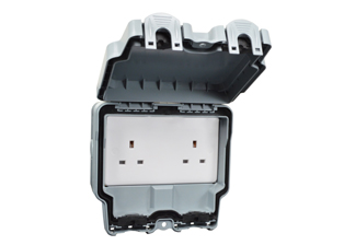 WEATHERPROOF IP66 RATED DUPLEX RECEPTACLE, 13 AMPERE-250 VOLT, TYPE G, UK1-13R, SURFACE MOUNT WALL BOX (IP66 RATED COVER CLOSED**), SHUTTERED CONTACTS, 2 POLE-3 WIRE GROUNDING (2P+E). GRAY.

<BR><font color="yellow"> Notes:</font>
<BR><font color="yellow">**</font> WP cover can be closed & locked over down angle plugs (not all angle plug variations). 
<BR><font color="yellow">*</font> M20 knockout type cable entries [expandable to M25] - 8 places [top, bottom, sides].
<BR><font color="yellow">*</font> M20 cutout type cable entry [expandable to M25] - 1 place [back].
<BR><font color="yellow">*</font> Material = UV stabilized PC, Temp. rating = -5�C to +40�C.
<BR><font color="yellow">*</font> Mating receptacles, sockets, outlets are listed below in related products. Scroll down to view.
