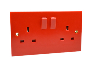 UK, BRITISH, UNITED KINGDOM 13 AMPERE-250 VOLT DUPLEX OUTLET [86mmX146mm Size], [UK1-13R], BS 1363  TYPE G SOCKETS, DOUBLE POLE ON/OFF SWITCHES CONTROL OUTLETS, SHUTTERED CONTACTS, 2 POLE-3 WIRE GROUNDING [2P+E]. RED.

<br><font color="yellow">Notes: </font> 
<br><font color="yellow">*</font> Weatherproof Cover available, IP44 Rated # 74790-DX.
<br><font color="yellow">*</font> Weatherproof enclosure available, IP66 Rated # 74790-B2.
<br><font color="yellow">*</font> European wall boxes. # 72355X47D, 72355X35D, 72355X25D, 72355-F, 72365, 72365-RED, 77190-D, series.

<br><font color="yellow">*</font> Applications include general use and �dedicated circuits� in commercial, industrial, hospital or medical installations.
<br><font color="yellow">*</font> Red color plugs #72140-RED, #72140-RED-H (hospital property) are listed below.
<br><font color="yellow">*</font> British, United Kingdom plugs, power cords, outlets, power strips, GFCI-RCD receptacles, plug adapters listed below in related products. Scroll down to view.
  