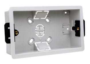 EUROPEAN, INTERNATIONAL, UK, BRITISH, UNITED KINGDOM FLUSH MOUNT WALL BOX <br><font color="yellow">(35mm DEEP)</font>. MOUNTS DUPLEX OUTLETS IN SHEET ROCK WALLS OR 1/4"-7/8" INCH THICK PANELS.

<br><font color="yellow">Notes: </font>
<br><font color="yellow">*</font> Accepts 86mmX146mm Size Sockets, Outlets, Switches, Devices with 120mm (120.6mm) mounting centers.
<br><font color="yellow">*</font> Wall box accepts outlets #72316, 72320, 72320-DP, 72320-DP-RED, 72320-SPD,72320-2USB-U, 72300-D, 72300-DS-10MA, 72450.
<br><font color="yellow">*</font> Verify mating product(s) depth dimension for compatibility with #72355-F wall box.
<br><font color="yellow">*</font> Surface mount modular device wall boxes available, view part #79230X45, #79235X45 series.
<br><font color="yellow">*</font> British, United Kingdom plugs, power cords, outlets, power strips, GFCI-RCD receptacles, sockets, connectors, extension cords, plug adapters listed below in related products. Scroll down to view.

 
 